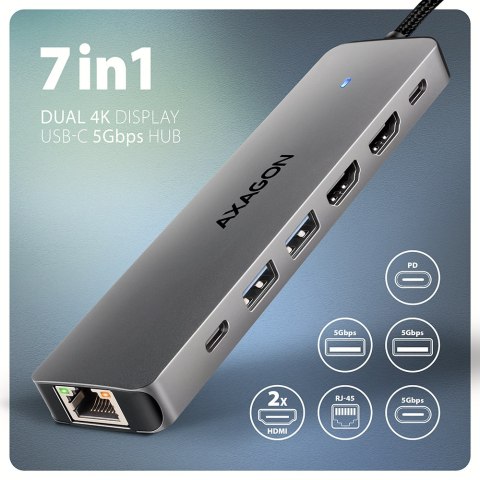 AXAGON AXAGON USB-C 5Gbps DUAL 4K DISPLAY 7in1 Hub | HMC-7HX2