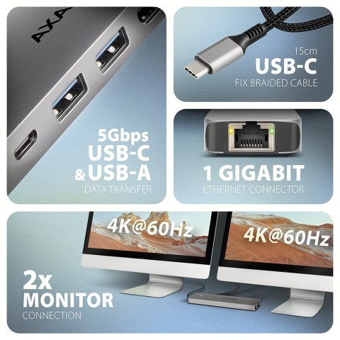 AXAGON AXAGON USB-C 5Gbps DUAL 4K DISPLAY 7in1 Hub | HMC-7HX2