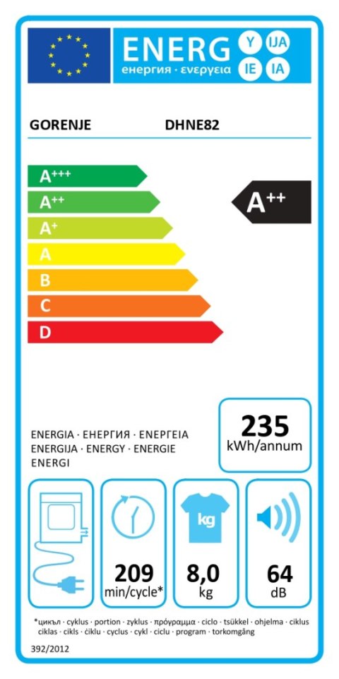 Gorenje Gorenje Dryer Machine | DHNE82 | Energy efficiency class Class A++ | Front loading | 8 kg | LED | Depth 55 cm | White
