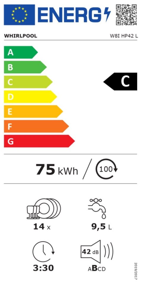 Whirlpool Whirlpool W8I HP42 L | Do zabudowy | Szerokość 60 cm | Liczba nakryć 14 | Liczba programów 10 | Klasa efektywności energetycznej