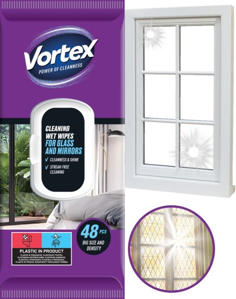 VORTEX Chusteczki nawilżane do luster i szkła , flip top ,48 sztuk