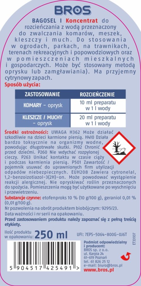 BROS - Bagosel 100EC 250ml - preparat do oprysku ogrodu przeciw komarom i kleszczom