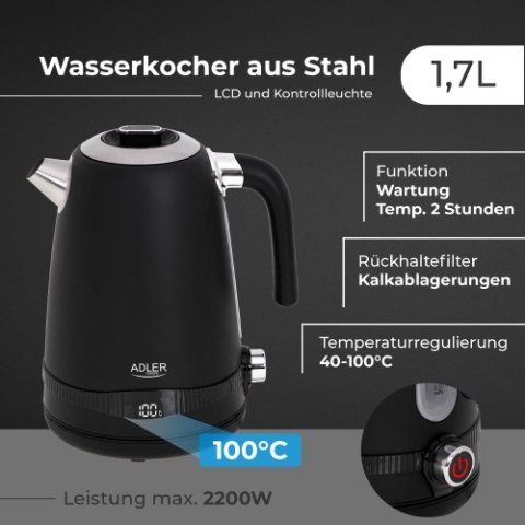 AD 1295 black Czajnik metalowy 1,7l z lcd & regulacją temperatury