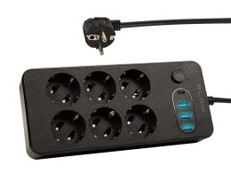 98-211# Przedłużacz sieciowy ps-630 6-gniazd 3xusb 1xusb-c 3m czarny 3x1mm