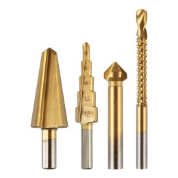 Wiertła stopniowe 4-12 mm, rozwiertak 12.4 mm, frezowiertło 6x90 mm, pogłębiacz stożkowy 8-20 mm TiN