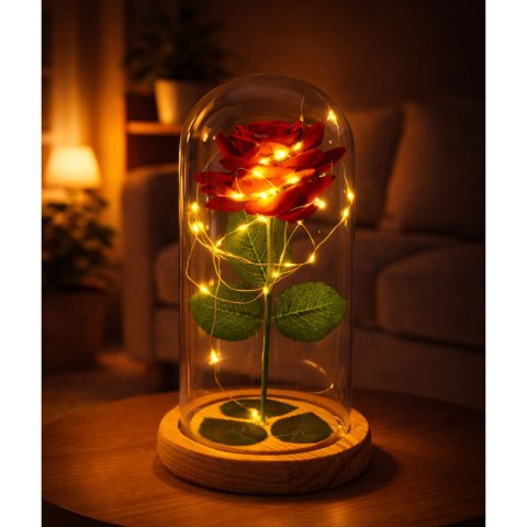 Wieczna Róża W Szkle Kopuła Oświetlenie LED Czerwona 21x11cm