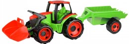 Pojazd traktor z łyżką i przyczepą czerwono-zielony