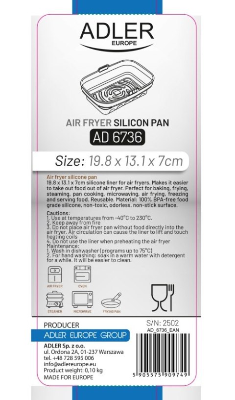 AD 6736 Tacka silikonowa do frytkownicy powietrznej | 19,8 cm x 13,1 cm | wielokrotnego użytku | silikon spożywczy bpa free