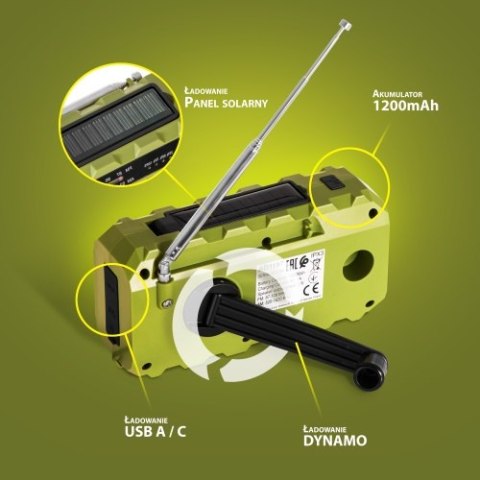 AD 1197 Green Radio solarne z korbką ręczną