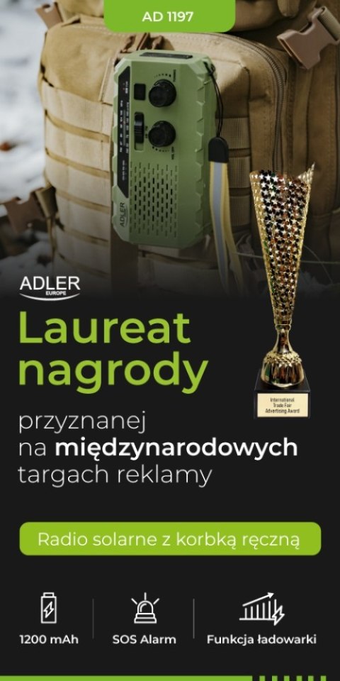 AD 1197 Green Radio solarne z korbką ręczną