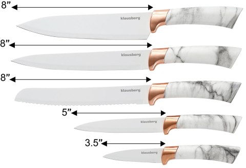 Noże kuchenne w stojaku, kolor biały, z brązowym wzorem, zestaw 5 elementów, klausberg, kb-7800