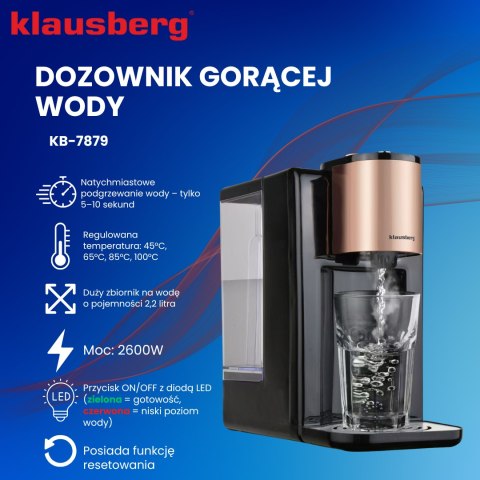 Dozownik gorącej wody, dyspenser, regulacja temperatury 45-100°c, czarny z różowym złotem, 2,2l, klausberg, kb-7879