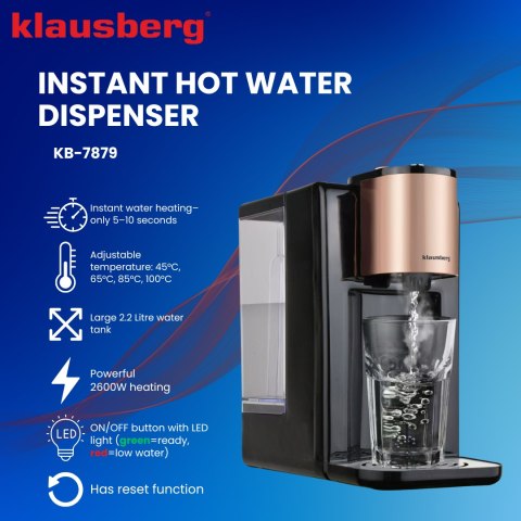 Dozownik gorącej wody, dyspenser, regulacja temperatury 45-100°c, czarny z różowym złotem, 2,2l, klausberg, kb-7879