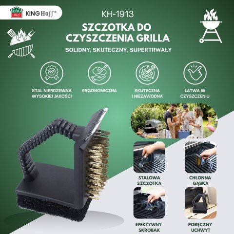 Szczotka do czyszczenia grilla, 3w1: skrobak + gąbka + szczotka, kinghoff, kh-1913