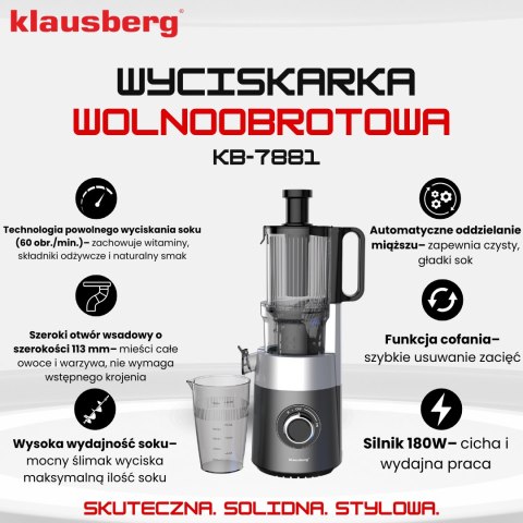Wyciskarka wolnoobrotowa do owoców i warzyw, pionowa, szara, 180w, klausberg, kb-7881