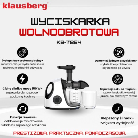 Wyciskarka wolnoobrotowa do owoców i warzyw, pozioma z uchwytem, 150w, biała, klausberg, kb-7864