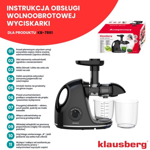 Wyciskarka wolnoobrotowa do owoców i warzyw, pozioma z uchwytem, 150w, czarna, klausberg, kb-7861