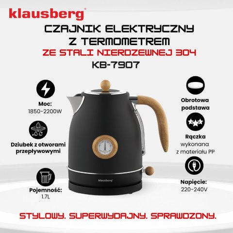 Czajnik elektryczny z termometrem, stal nierdzewna, czarny z drewnem, 1,7l, 1850-2200w, klausberg, kb-7907