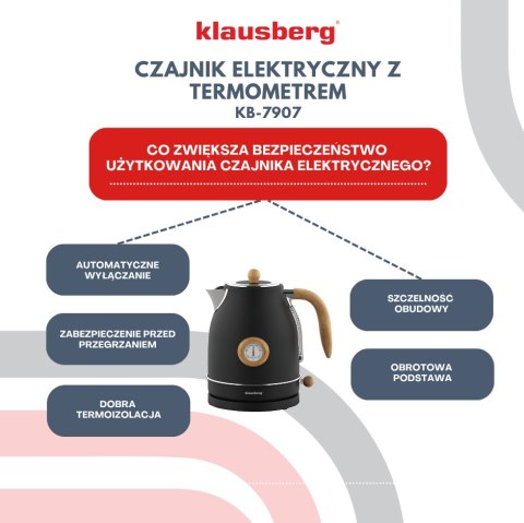 Czajnik elektryczny z termometrem, stal nierdzewna, czarny z drewnem, 1,7l, 1850-2200w, klausberg, kb-7907