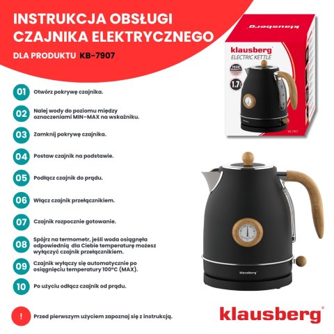 Czajnik elektryczny z termometrem, stal nierdzewna, czarny z drewnem, 1,7l, 1850-2200w, klausberg, kb-7907