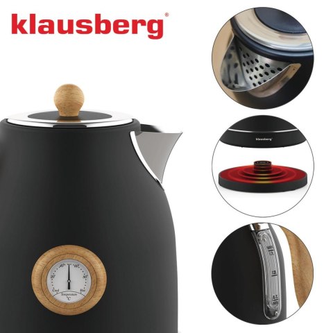 Czajnik elektryczny z termometrem, stal nierdzewna, czarny z drewnem, 1,7l, 1850-2200w, klausberg, kb-7907