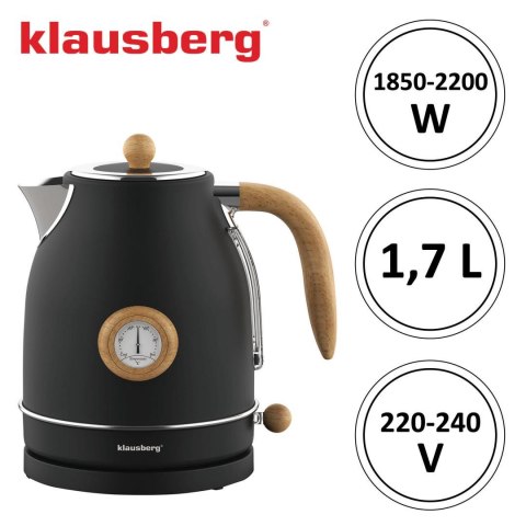 Czajnik elektryczny z termometrem, stal nierdzewna, czarny z drewnem, 1,7l, 1850-2200w, klausberg, kb-7907