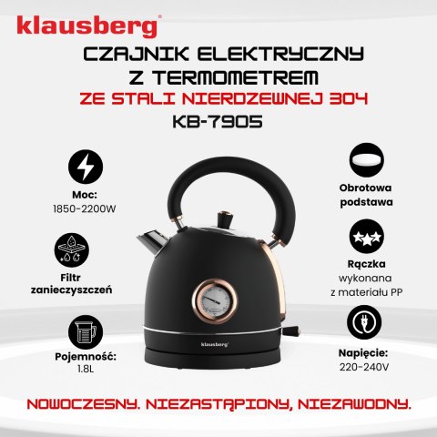 Czajnik elektryczny z termometrem, stal nierdzewna, czarny/rose gold 1,8l, 1850-2200w, klausberg, kb-7905