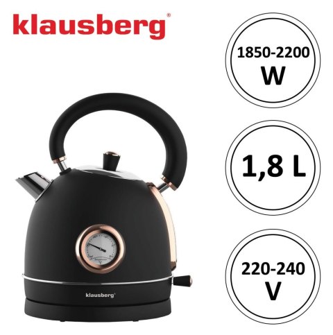 Czajnik elektryczny z termometrem, stal nierdzewna, czarny/rose gold 1,8l, 1850-2200w, klausberg, kb-7905