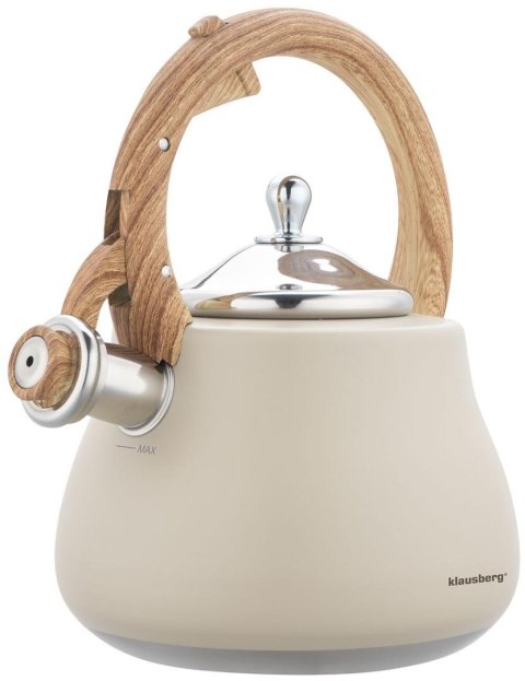 Czajnik z gwizdkiem, stal nierdzewna, beżowy z elementami drewnopodobnymi, 2,8l, klausberg, kb-7919
