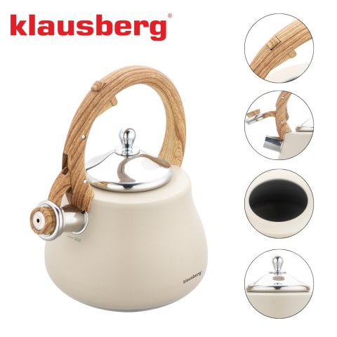 Czajnik z gwizdkiem, stal nierdzewna, beżowy z elementami drewnopodobnymi, 2,8l, klausberg, kb-7919