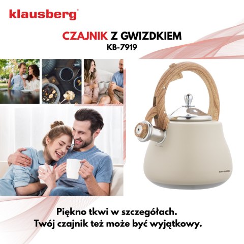 Czajnik z gwizdkiem, stal nierdzewna, beżowy z elementami drewnopodobnymi, 2,8l, klausberg, kb-7919