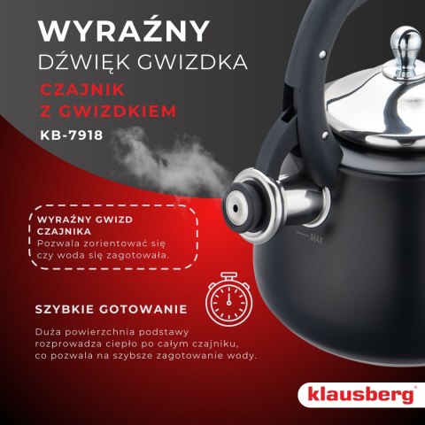 Czajnik z gwizdkiem, stal nierdzewna, czarny ze srebrnymi elementami, 2,8l, klausberg, kb-7918