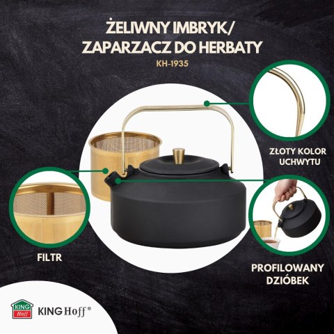 Imbryk żeliwny z sitkiem, emaliowane wnętrze, 1l, czarny ze złotymi elementami, kinghoff, kh-1935