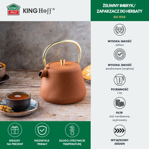 Imbryk żeliwny z sitkiem, emaliowane wnętrze, 1l, rdzawy z brokatem, złote elementy, kinghoff, kh-1934