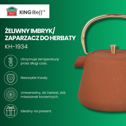 Imbryk żeliwny z sitkiem, emaliowane wnętrze, 1l, rdzawy z brokatem, złote elementy, kinghoff, kh-1934