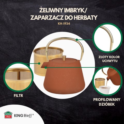 Imbryk żeliwny z sitkiem, emaliowane wnętrze, 1l, rdzawy z brokatem, złote elementy, kinghoff, kh-1934