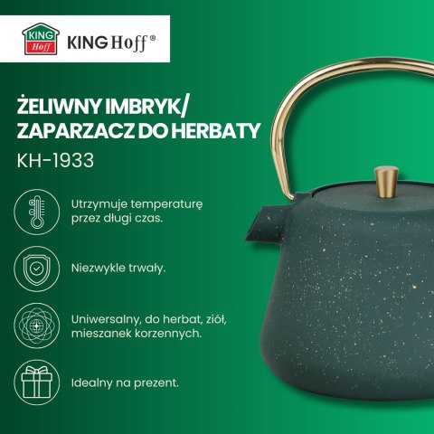 Imbryk żeliwny z sitkiem, emaliowane wnętrze, 1l, zielony z brokatem, złote elementy, kinghoff, kh-1933