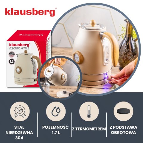 Czajnik elektryczny retro z termometrem, 1,7l, kremowy, stal nierdzewna 304