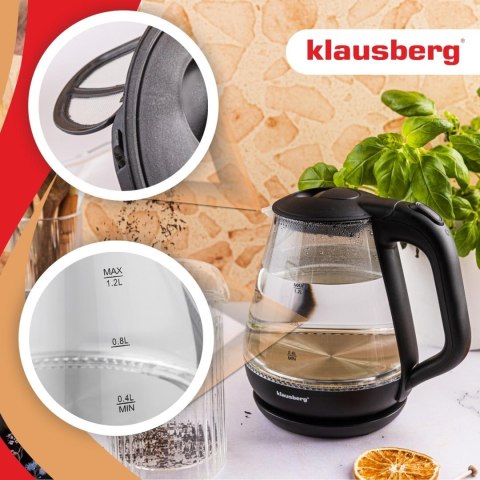 Czajnik elektryczny, szklany, 1,2 l, led, klausberg kb-9003
