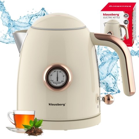 Czajnik elektryczny z termometrem, stal nierdzewna, kremowy, 1,0l, 1200w, klausberg, kb-9018