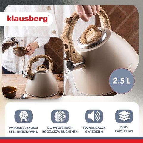 Czajnik stalowy 2,5 l beżowy z uchwytem drewnopodobnym, klausberg kb-7954