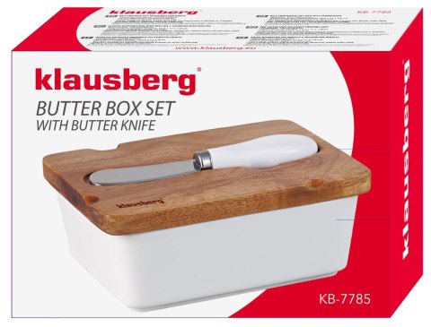 Maselniczka ceramiczna, biała, z pokrywką z drewna akacjowego i nożem do smarowania, klausberg, kb-7785