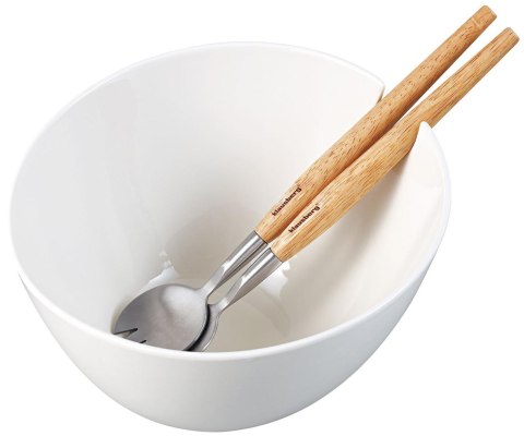 Misa ceramiczna do sałat, biała, z zestawem stalowych łyżek z drewnianymi uchwytami, klausberg, kb-7787