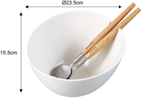 Misa ceramiczna do sałat, biała, z zestawem stalowych łyżek z drewnianymi uchwytami, klausberg, kb-7787