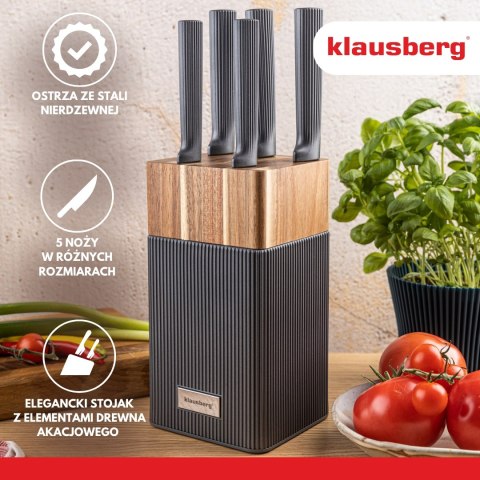 Zestaw noży 6 el. z blokiem akacjowym, stal nierdzewna, klausberg, kb-7982