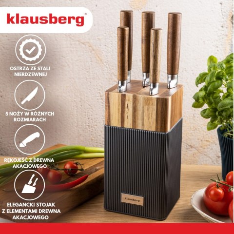 Zestaw noży 6 el. z blokiem akacjowym, stal nierdzewna, klausberg, kb-7983