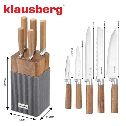 Zestaw noży 6 el. z blokiem akacjowym, stal nierdzewna, klausberg, kb-7983