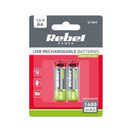 Akumulatorki REBEL AA, 1600 mAh, Li-ion,1,5V, 2szt/bl , R6 , gniazdo typ C