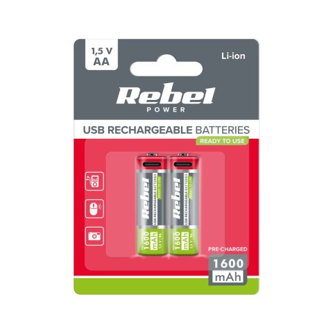 Akumulatorki REBEL AA, 1600 mAh, Li-ion,1,5V, 2szt/bl , R6 , gniazdo typ C
