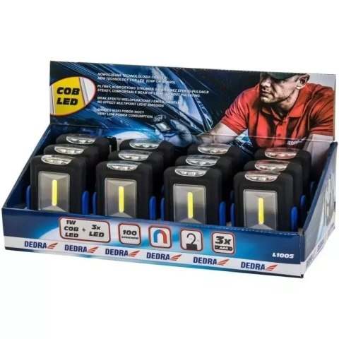Latarka 1w cob led + 3led, prostokątna z podstawą, z bater.